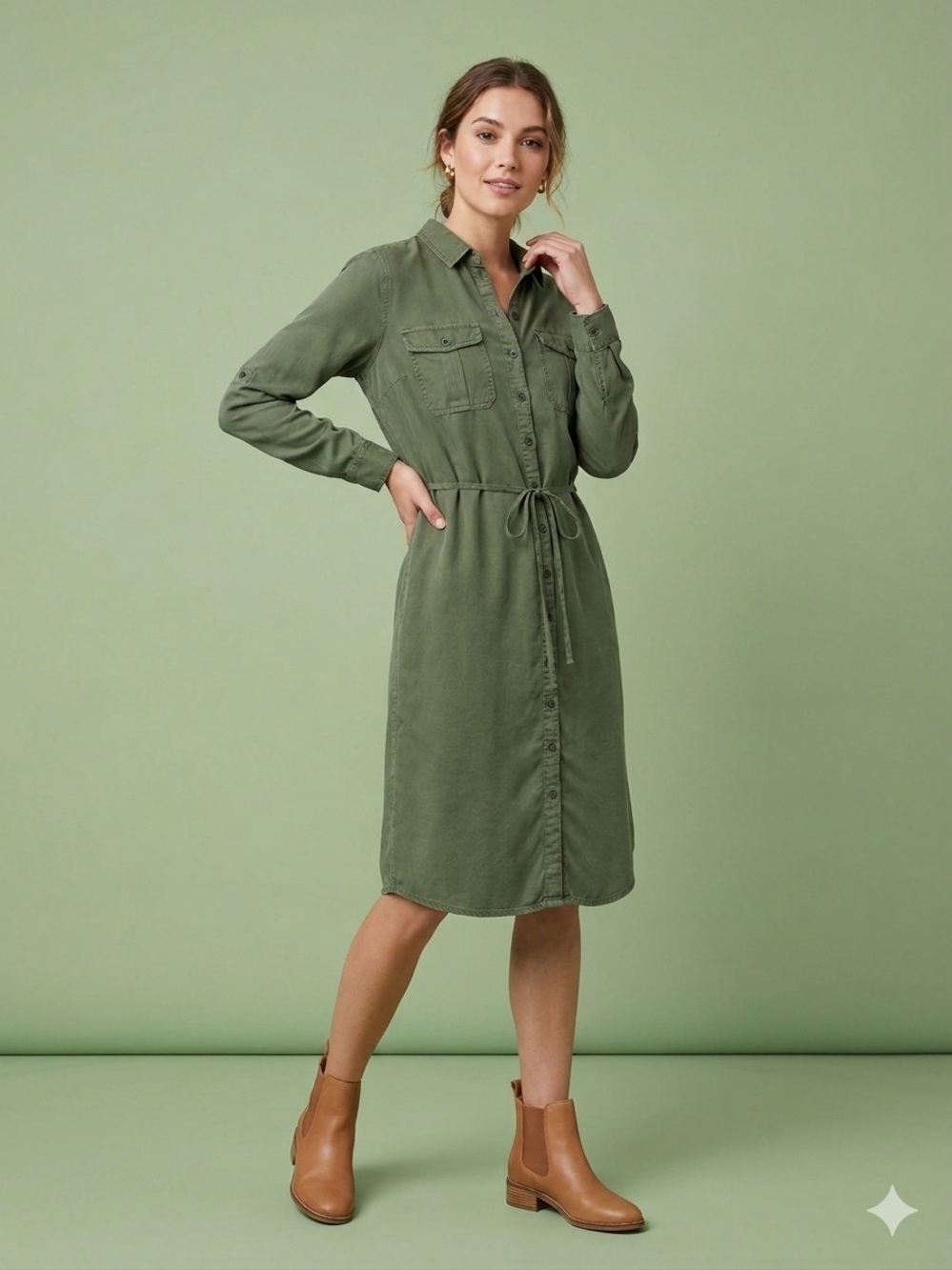 Parasuco Olive Green Button-Front Shirt Dress L